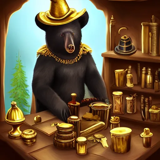 Image similar to Anthropomorphized black bear trader in his shop, selling his wares, portrait, items, gold, magic potions, carpet, window, fancy hat, sly expression , cunning expression, cute expression, long thick shiny gold beak, presenting wares, holding a gold bag, D&D, fantasy, cinematic lighting, highly detailed, digital painting, artstation, concept art, smooth, sharp focus, illustration, warm light, cozy warm tint, magic the gathering artwork, volumetric lighting, 8k, art by Akihiko Yoshida, Greg Rutkowski