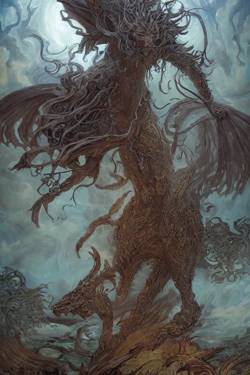 Prompt: rebecca guay ’ s painting of an ephemeral colossal mythical beast in an enchanted dreamlike otherworldly biome, in the style of demon slayer mugen train, mystical, wicca, fantasy, hyper realism, intricate, digital art, detailed, studio shot, unreal engine 5, octane, high definition, smooth, artstation, behance