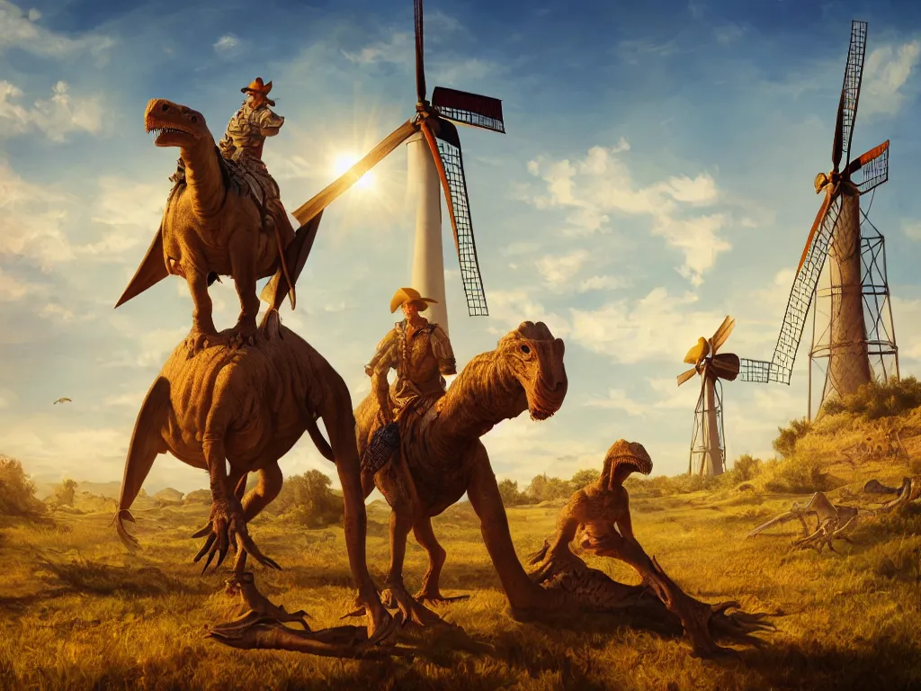 Prompt: portrait of don quixote sitting on a dinosaur in front of a windmill, summer, sun in the zenith, digital art, highly detailed, stunning scene, 4 k, realism, bright colors, trending on artstation