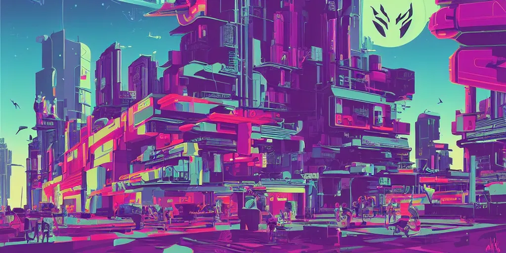 Image similar to unicorn in a futuristic cyberpunk town. By Tom Whalen, highly detailed