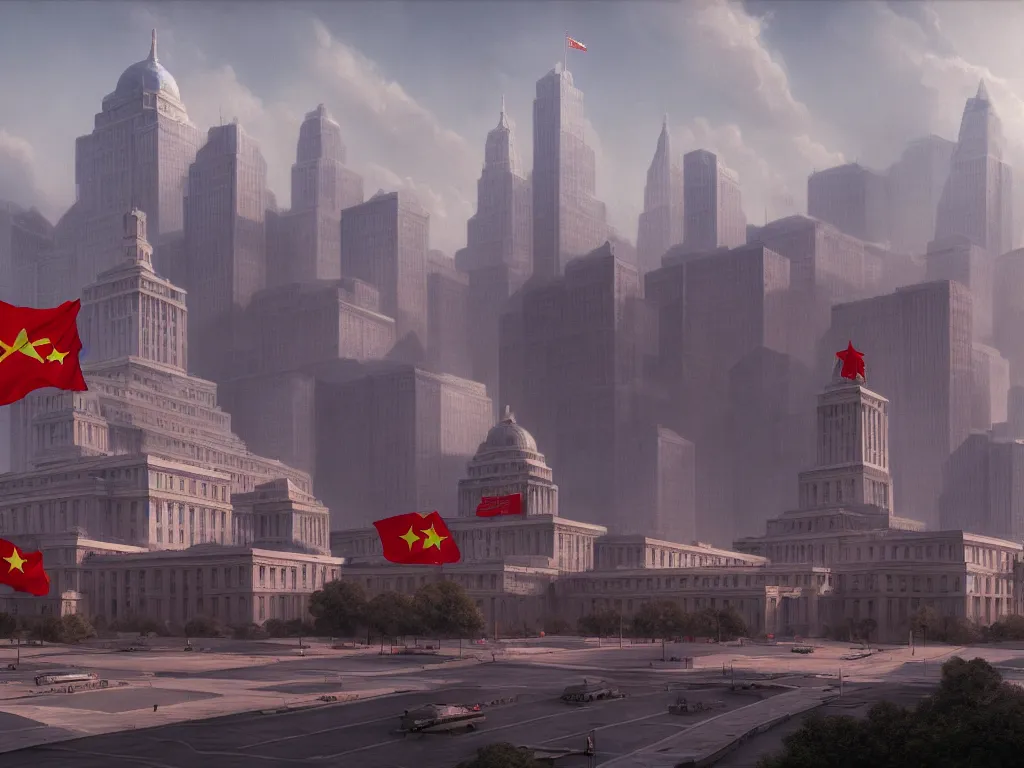 Prompt: landscape matte painting by fan wennan. communist american future capitol shining in the sun after the triumph of socialism in america, highly detailed, artstation, 8 k, photorealistic, hyperrealism, grounded rectangular communist governmental architecture, statue, imposing, strength, abundance. american communist party. america 2 0 9 8