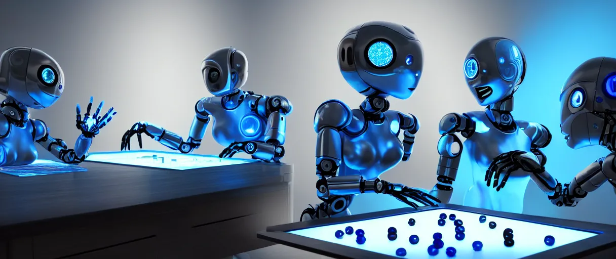 Image similar to a highly detailed photo of two futuristic matte blue full humanoid robots with glowing led eyes and chrome accents, sitting on large midcentury recliners facing off in an intense game of checkers. cinematic movie photograph, cinematic lighting, arri alexa, extremely detailed, smooth, very very clean, 8 k, octane render, maya render, unreal engine, trending on artstation, dslr