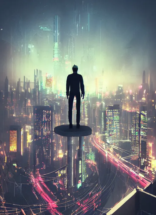 Image similar to a man standing on top of a bridge over a city, cyberpunk art by Vincent Lefevre, behance contest winner, altermodern, cityscape, synthwave, matte painting