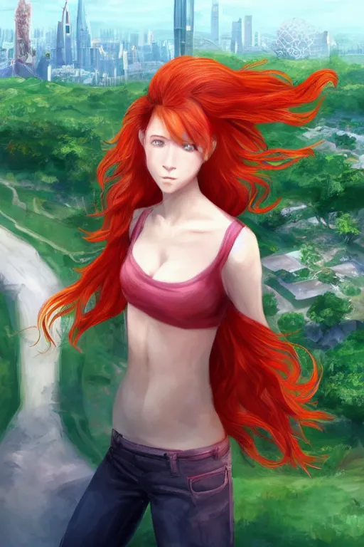 Image similar to beautiful cute red haired joyful and playful nineteen year old maiden standing up in casual green clothing with a modern city in the background, long hair, cute pose, athletic body, rpg character, sci - fi, fantasy, intricate, elegant, digital painting, artstation, concept art, smooth, 8 k frostbite 3 engine, ultra detailed