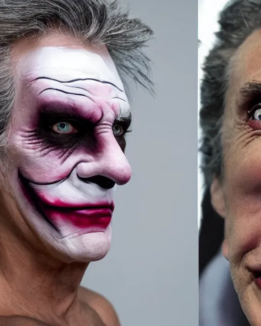 Image similar to Mauricio Macri in Elaborate Joker Makeup and prosthetics designed by Rick Baker, Hyperreal, Head Shots Photographed in the Style of Annie Leibovitz, Studio Lighting, Mauricio Macri throwing cats to the camera