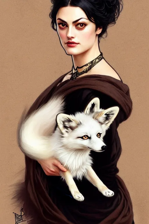 Image similar to Phoebe Tonkin dressed in Victorian fashion with black hair, holding a white fox in her arms, D&D, fantasy, intricate, elegant, highly detailed, digital painting, artstation, concept art, matte, sharp focus, illustration, art by Artgerm and Greg Rutkowski and Alphonse Mucha