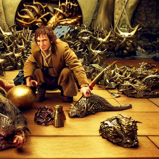 Prompt: “the hobbit and Smaug with his treasure hoard, 8k, HDR, photorealistic, photography, detailed”