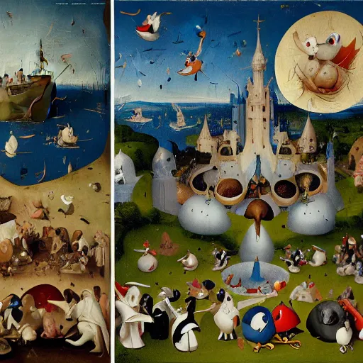 Prompt: donald duck in the garden of earthly delights by hieronymus bosch, hyper detailed, photorealistic, trending on artstation, rule of thirds, super sharp, crispy.