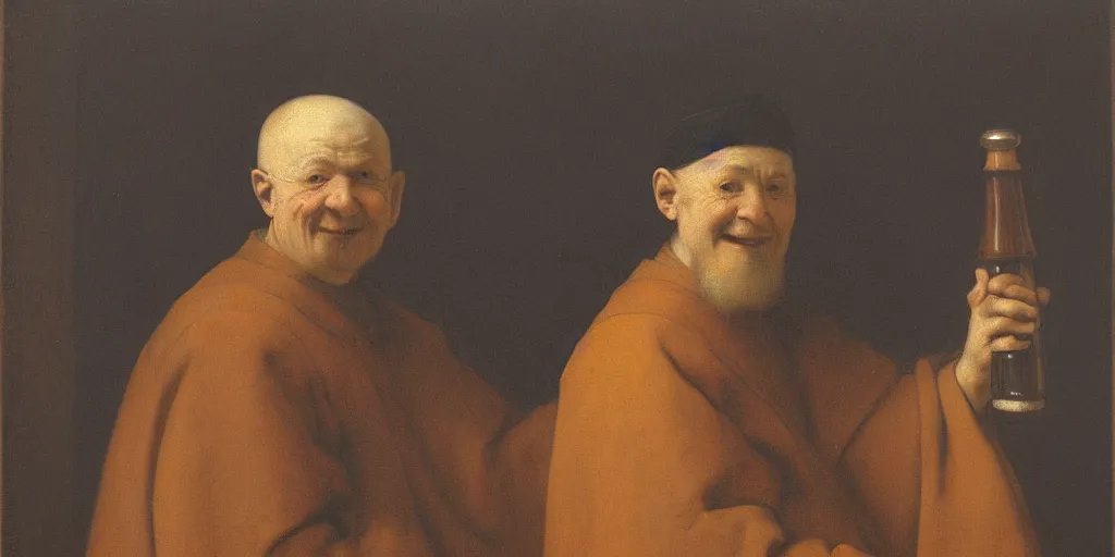 Prompt: a happy trappist monk holding an oversized beer stein, portrait, by rembrandt