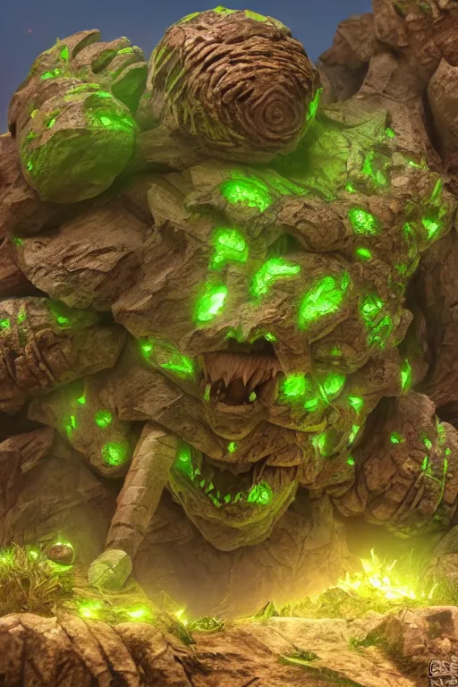 Image similar to zelda fantasy art giant golem troll wood rock greeble gemstone, global illumination ray tracing hdr fanart arstation by sung choi and eric pfeiffer and gabriel garza and casper konefal