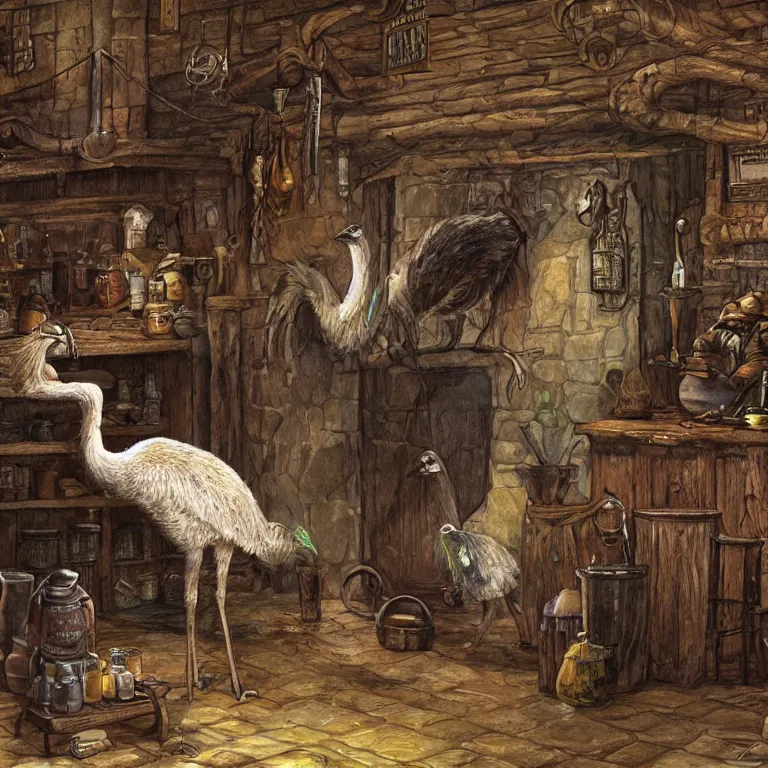 Image similar to a single emu in a tavern, fantasy rpg book illustration