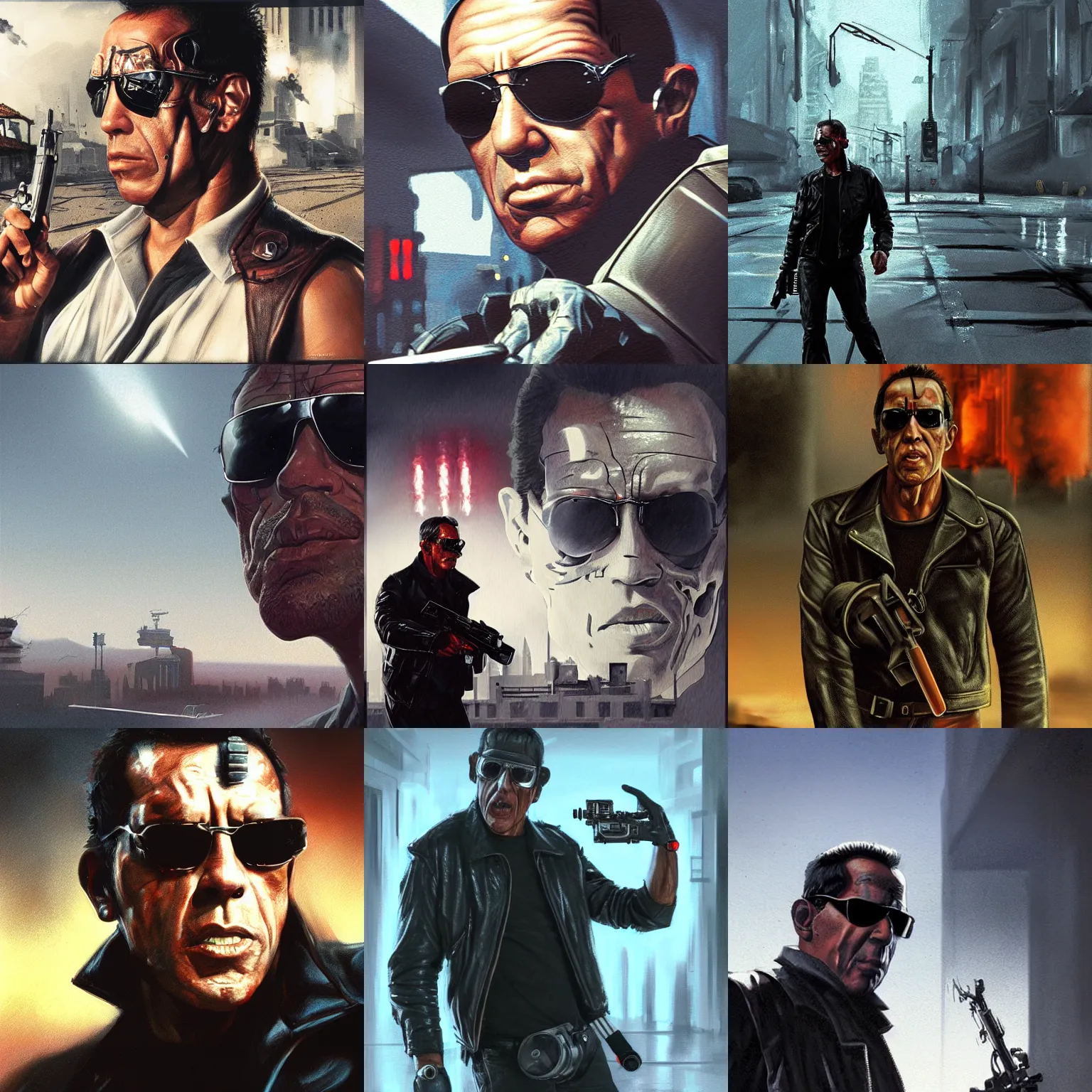 Prompt: adriano celentano as terminator, one eye is read, cigar, sunglasses, in the style of terminator movie, city landscape, d & d, movie screenshot, highly detailed, digital painting, artstation, concept art, matte, sharp focus, illustration, art by greg rutkowski