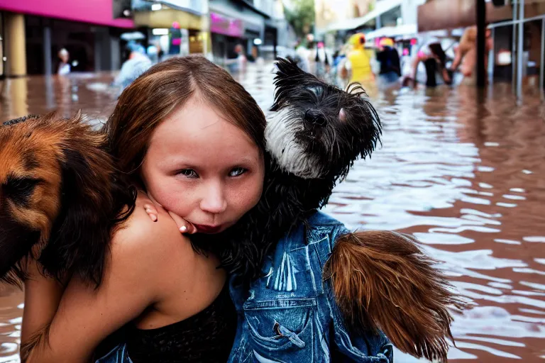 Image similar to closeup portrait of a girl carrying a dog over her head in a flood in Rundle Mall in Adelaide in South Australia, photograph, natural light, sharp, detailed face, magazine, press, photo, Steve McCurry, David Lazar, Canon, Nikon, focus