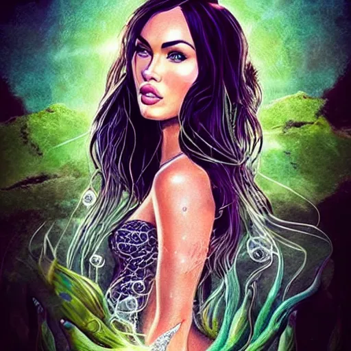 Image similar to “Megan Fox portrait, fantasy, mermaid, cartoon, pearls, glowing hair, shells, gills, crown, water, highlights, starfish, goddess jewelry, realistic, digital art, pastel, magic, fiction, ocean, game”