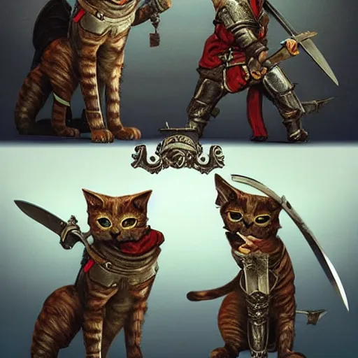 Prompt: Cats with a medieval armour fighting with a sword, epic environment. Artstation. Very detailed.