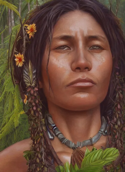 Image similar to a beautiful close up portrait of an indigenous woman holding medicinal plants in the jungle, highly detailed, art by christophe vacher