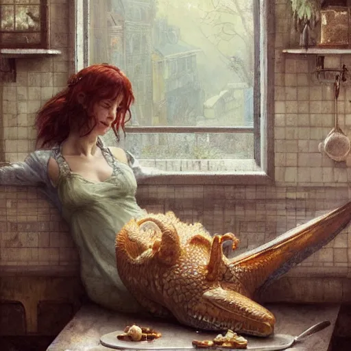 Image similar to prompt Sweet dragon, sleeping on the kitchen counter of a magical bakery, oil painting, by Fernanda Suarez and Edgar Maxence and greg rutkowski