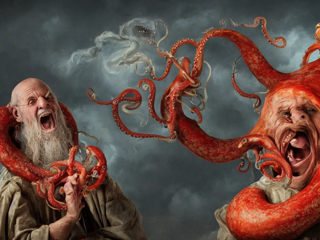 Image similar to a widescreen colorchrome portrait photo of a medieval old happy screaming priest, holding a giant giant octopus, style steve mccurry octane render 8 k