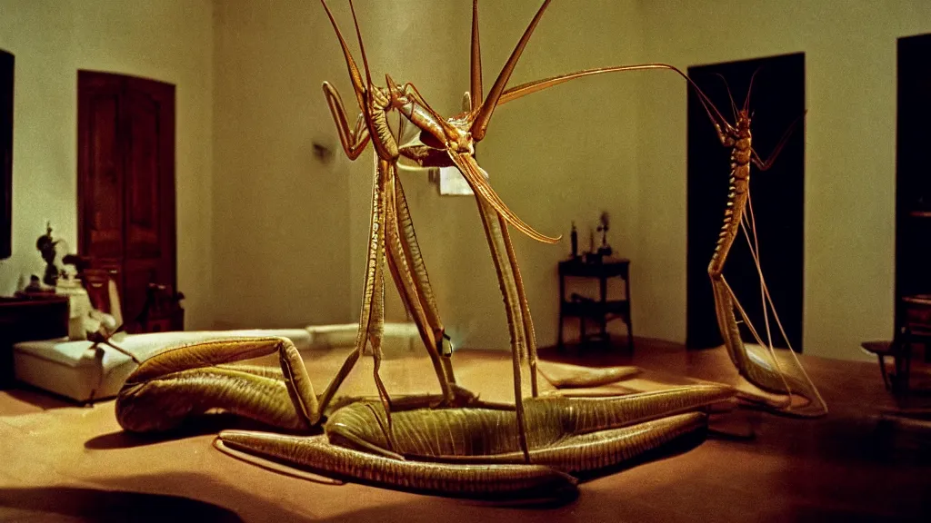 Prompt: the giant praying mantis head in the living room made of wax and water, film still from the movie directed by Wes Anderson with art direction by Salvador Dalí, wide lens