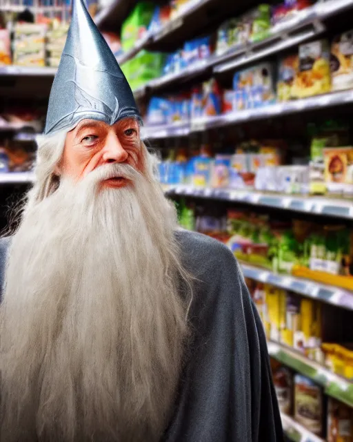 Image similar to gandalf wearing a wizard hat, stacking supermarket shelves, cinematic lighting, gloomy, depressing