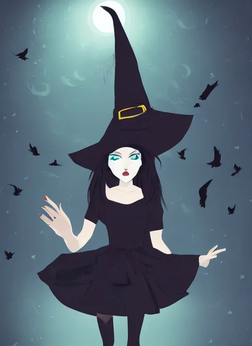 Prompt: young witch ; occult magic ; black dress ; nice face ; a crow sitting on her head ; dark colors ; cinematic light