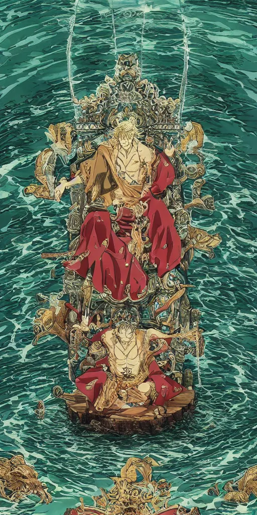 Image similar to a lone emperor sitting on a emerald throne floating on water in the middle of a lake drawn by Makoto Yukimura in the style of Vinland saga anime, full color, detailed, psychedelic, Authority, structure, a father figure