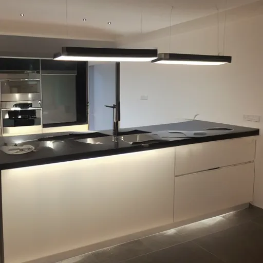 Image similar to modern kitchen with led strip lighting, homes and gardens, super detailed render, award winning