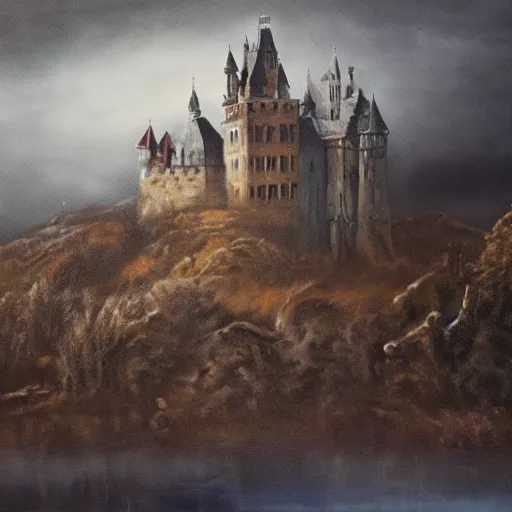 Prompt: a haunting castle in the style of zdzlaw bekinski (oil on canvas), matte painting.