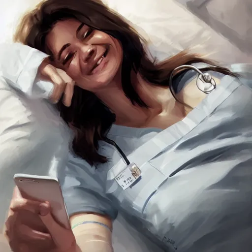 Image similar to a very beautiful female doctor in scrubs, looking at her phone, smiling, close up, laying on bed, hospital room, by greg rutkowski, trending on artstation