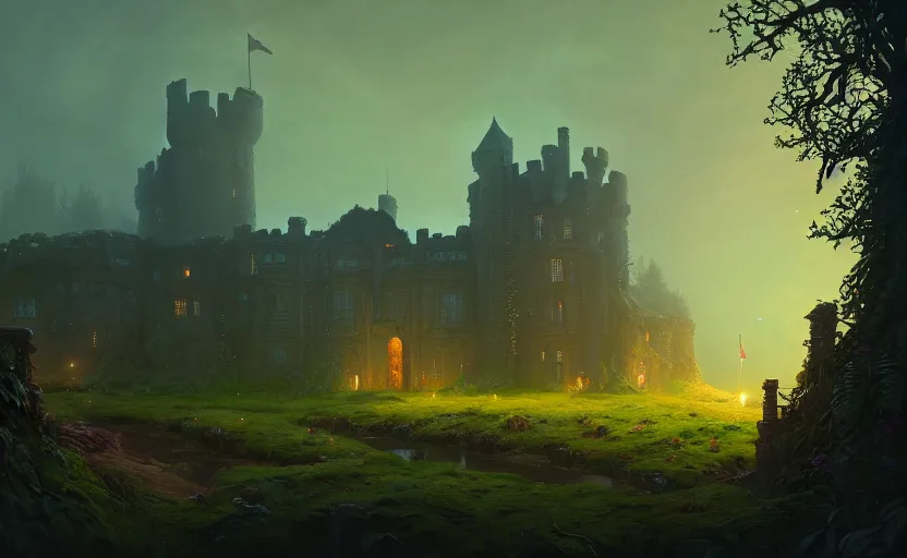 Image similar to an old english castle covered by plants with moody and cinematic lighting by greg ruthkowski and simon stalenhag jama jurabaev and illya repin, cinematic and atmospheric, concept art, artstation, trending on artstation