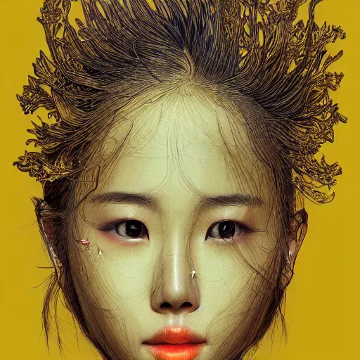 Image similar to the portrait of an unbelievably beautiful, elegant, and sophicated young korean instagram model partially made of broccoli, an ultrafine detailed illustration by james jean, intricate linework, bright colors, final fantasy, behance contest winner, vanitas, angular, altermodern, unreal engine 5 highly rendered, global illumination, radiant light, detailed and intricate environment