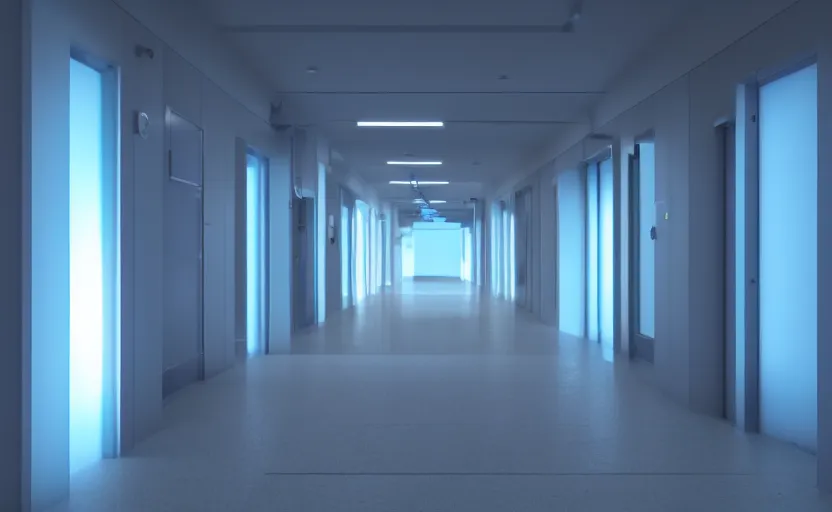 Image similar to an hallway in hospital with soft blue lights in the roof, octane render, artstation trending, highly detailded