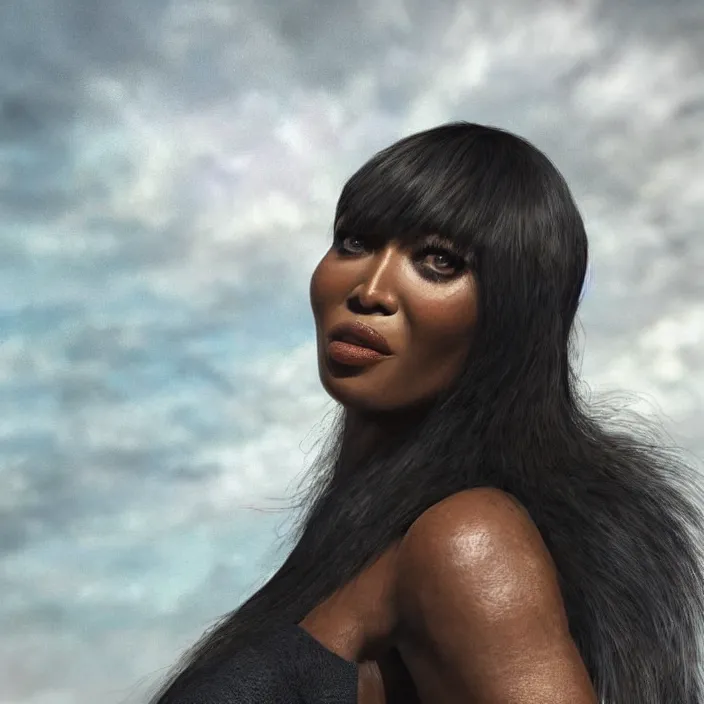 Image similar to Naomi Campbell by Laura Wheeler Waring. details, smooth, sharp focus, illustration, realistic, cinematic, artstation, award winning, rgb , unreal engine, octane render, cinematic light, macro, depth of field, blur, red light and clouds from the back, highly detailed epic cinematic concept art CG render made in Maya, Blender and Photoshop, octane render, excellent composition, dynamic dramatic cinematic lighting, aesthetic, very inspirational, arthouse.