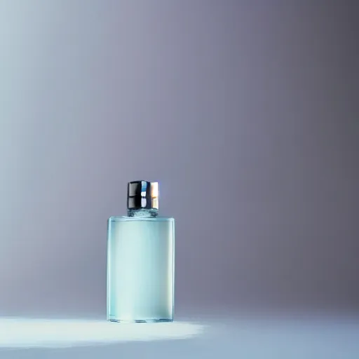 Prompt: airy bright perfume bottle floating in whispy clouds, with dreamy light blue sky and clouds in the background, softly - lit, soft - warm, zen, light, modern minimalist f 2 0 clean