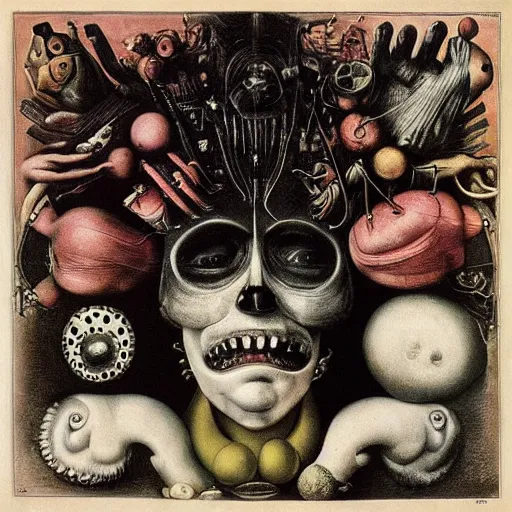 Image similar to post - punk new age album cover, asymmetrical design, anti capitalism, magic, apocalypse, psychedelic, black white pink, magic, giger h. r., giuseppe arcimboldo