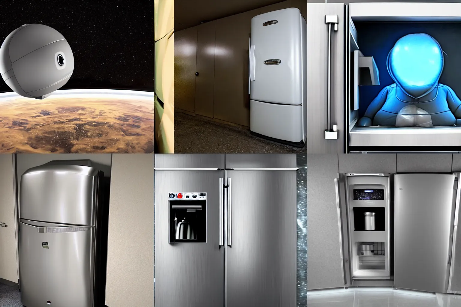 Prompt: obese aliens wearing pressure suits abducting refrigerator at night, security camera, found footage