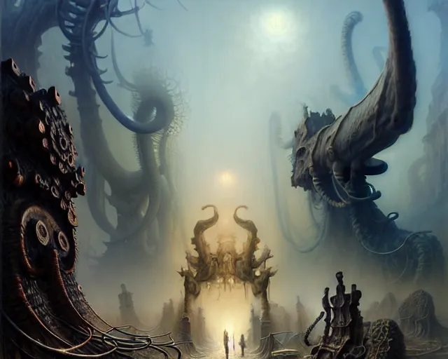 Image similar to street view of a mammoth graveyard, fantasy landscape made of fractals facing each other, ultra realistic, wide angle, intricate details, the fifth element artifacts, highly detailed by peter mohrbacher, hajime sorayama, wayne barlowe, boris vallejo, aaron horkey, gaston bussiere, craig mullins