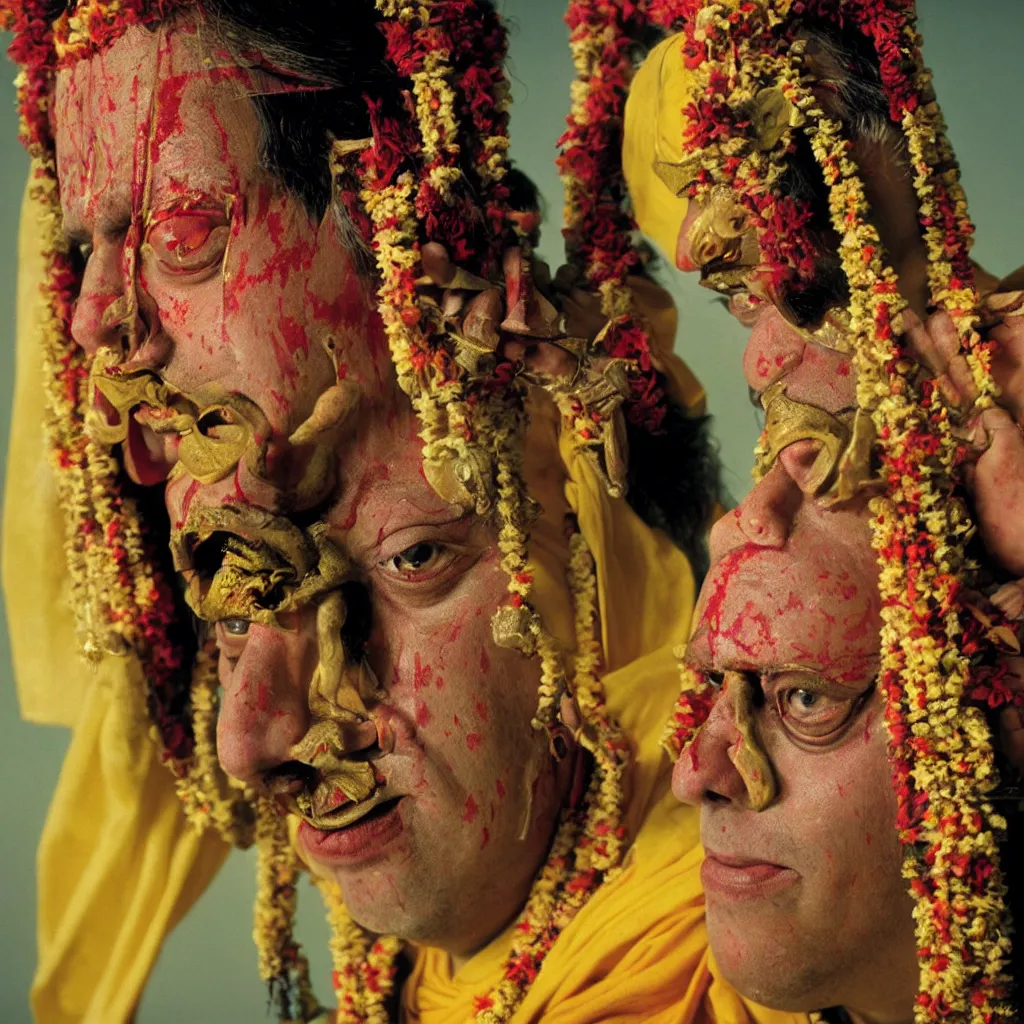 Image similar to award winning photo of a todd solondz as guru becoming god in india, sad and happy, crying and smiling franticly, vivid colors, happy, symmetrical face, beautiful eyes, studio lighting, wide shot art by sally mann & arnold newman