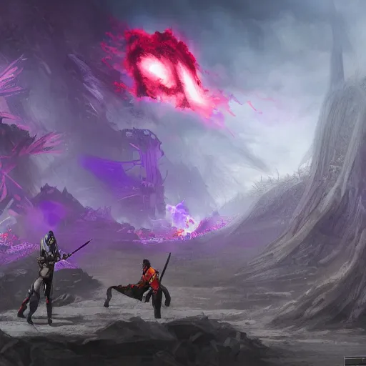 Image similar to a duel between 2 ninja armies standing in the ruins of crux prime, destroyed monastery, purple fiery maelstrom in the distance, digital art, artstationhq