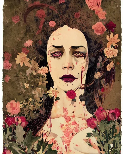 Prompt: a pulp illustration of a beautiful but serious woman in layers of fear, with haunted eyes and dark hair piled on her head, 1 9 7 0 s, seventies, floral wallpaper, wilted flowers, a little blood, morning light showing injuries, delicate ex embellishments, painterly, offset printing technique