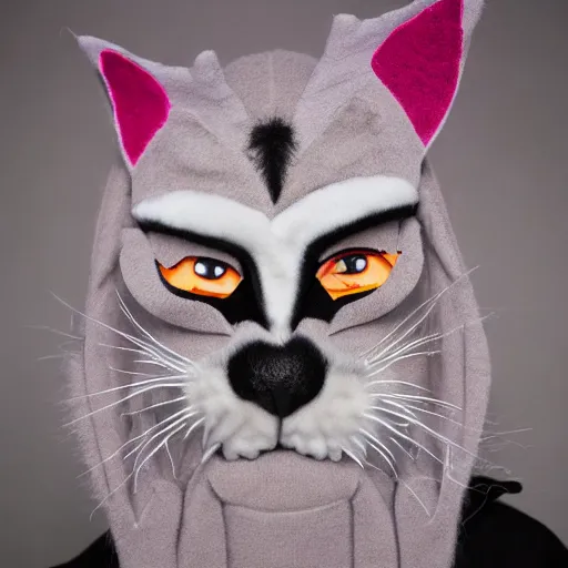 Image similar to anthropomorphic portrait man man wearing kitty cat costume cat-faced kitty cat furry calico juggalo man fuzzy ears eyes nose portrait ishbel myerscough