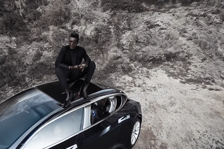 Image similar to photo of a gorgeous black model sitting on a Tesla on a cliff on the ocean By Emmanuel Lubezki