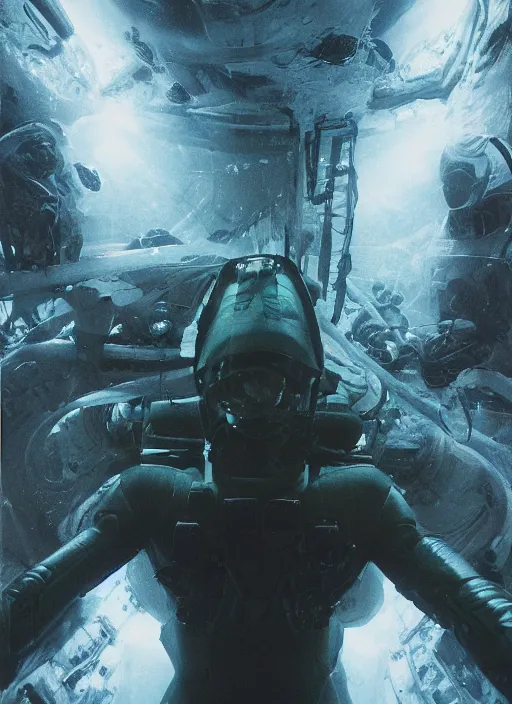 Image similar to astronauts in dark void underwater - complex and hyperdetailed technical suit. reflection and dispersion materials. rays and dispersion of light. volumetric light. f / 3 2. noise film photo. flash photography. ultra realistic, wide angle. poster by wayne barlowe, hajime sorayama aaron horkey, craig mullins