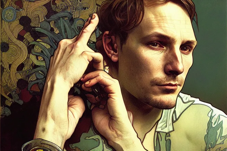 Image similar to hyper realistic portrait of the bends singer songwriter, by lee bermejo, alphonse mucha and greg rutkowski