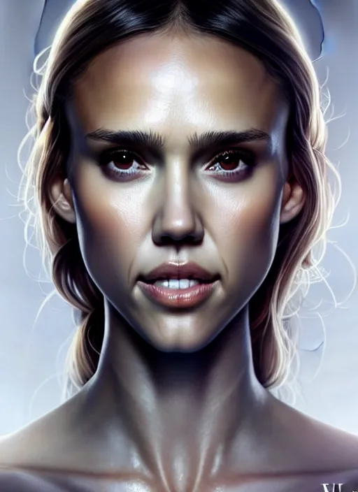 Image similar to half Jessica Alba half Nathalie Portman, the pure white demon, overlord, overlord season 4, body portrait, slight smile, highly detailed, digital painting, artstation, concept art, sharp focus, illustration, art by wlop and greg rutkowski and alphonse mucha and artgerm