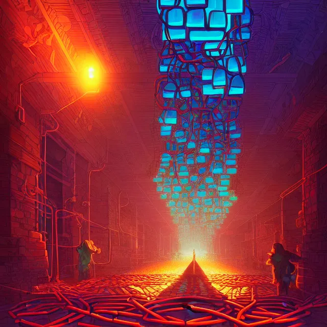 Image similar to glowing blocks tied together with chains, centered, symmetry, painted, intricate, volumetric lighting, beautiful, rich deep colors masterpiece, sharp focus, ultra detailed, in the style of dan mumford and marc simonetti