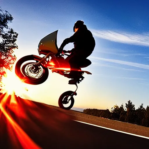 Prompt: photo of a man flying off the handlebars of a motorcycle into the sun. bright yellow, orange and red colors