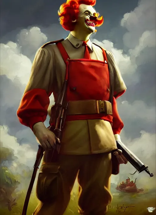 Image similar to ronald mcdonald during world war 2, rpg dnd oil _ painting _ unreal _ 5 _ daz. _ rpg _ portrait _ extremely _ detailed _ artgerm _ greg _ rutkowski _ greg