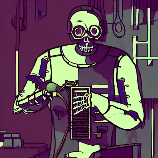 Prompt: cyberpunk skeleton maintenance worker fixing a modem, sharp lines, digital, artstation, colored in