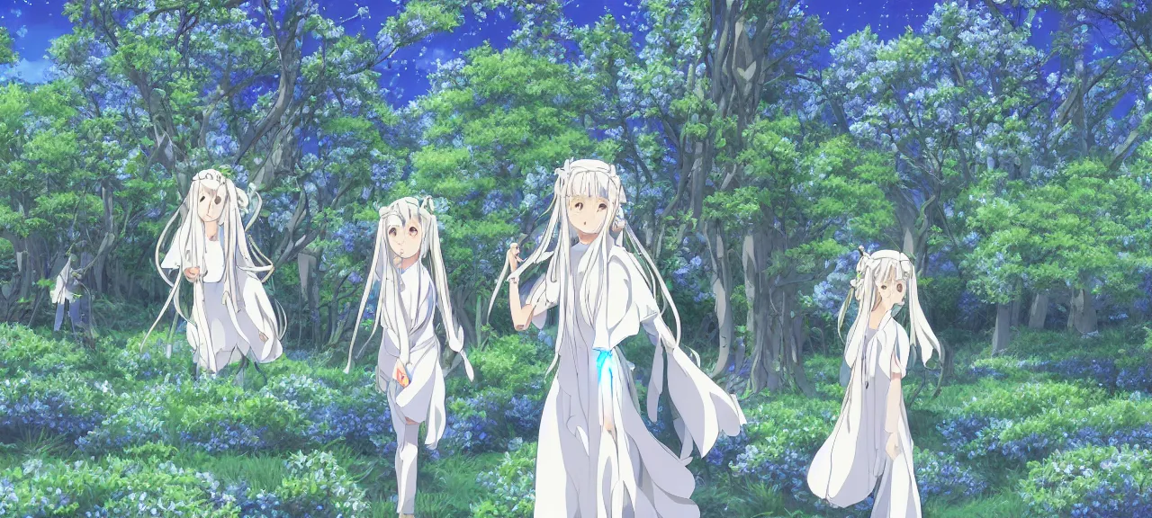 Image similar to illyasviel walking through enchanted ghibli clover | Big Moon at Blue Night | Trees with white flowers | bioluminescent blue FLOWERS | strong blue rimlit | visual-key | anime illustration | highly detailed High resolution | Light Novel | Visual Novel | In the style of Miyama-Zero, Yuuki Hagure